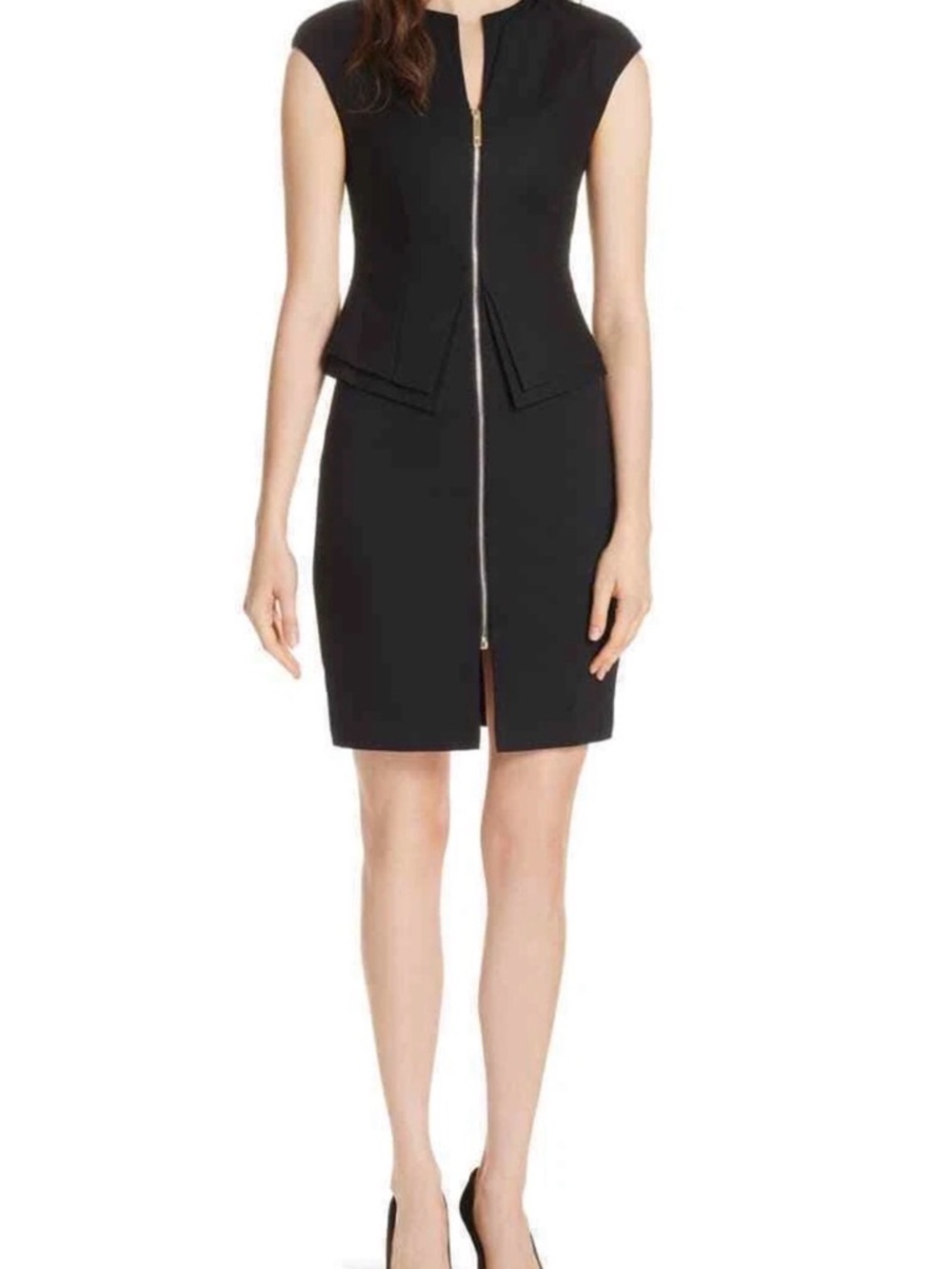 Ted Baker Kwyli Sculptural Peplum Zip Front Midi Dress Black Size 1 / US 4 LBD - Picture 3 of 12
